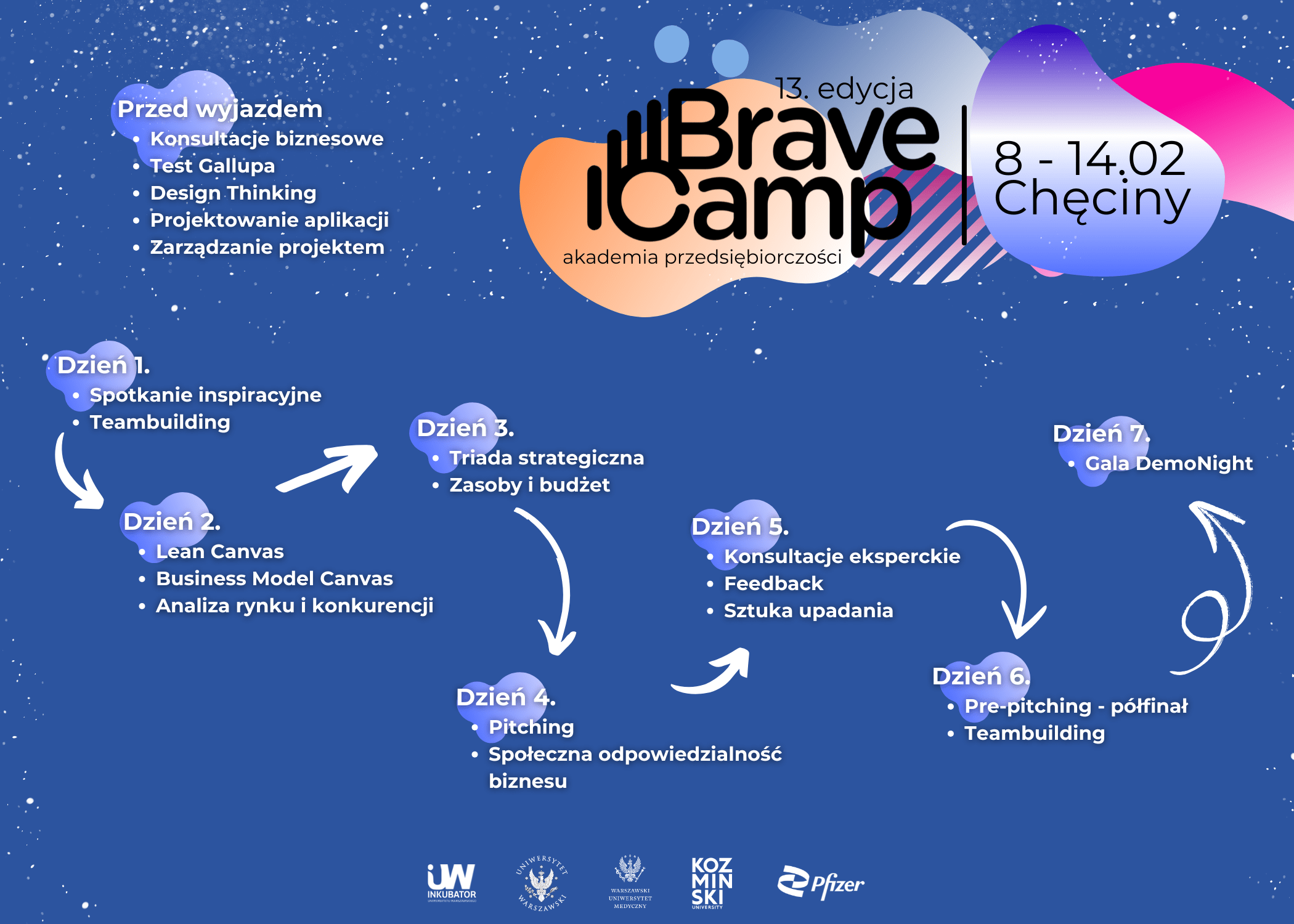 Program 13. edycji BraveCamp. Przed wyjazdem: konsultacje biznesowe, test Gallupa, Design Thinking, projektowanie aplikacji, zarządzanie projektem. Dzień 1.: spotkanie inspiracyjne, teambuilding, Dzień 2.: Lean Canvas, Business Model Canvas, analiza rynku i konkurencji. Dzień 3.: triada strategiczna, zasoby i budżet. Dzień 4.: pitching, społęczna odpowiedzialność biznesu. Dzień 5.: konsultacje eksperckie, feedback, sztuka upadania. Dzień 6.: pre-pitching - półfinał, teambuilding. Dzień 7.: Gala DemoNight